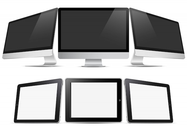 데스크톱 컴퓨터 3 대 및 태블릿 3 대 (pc)
