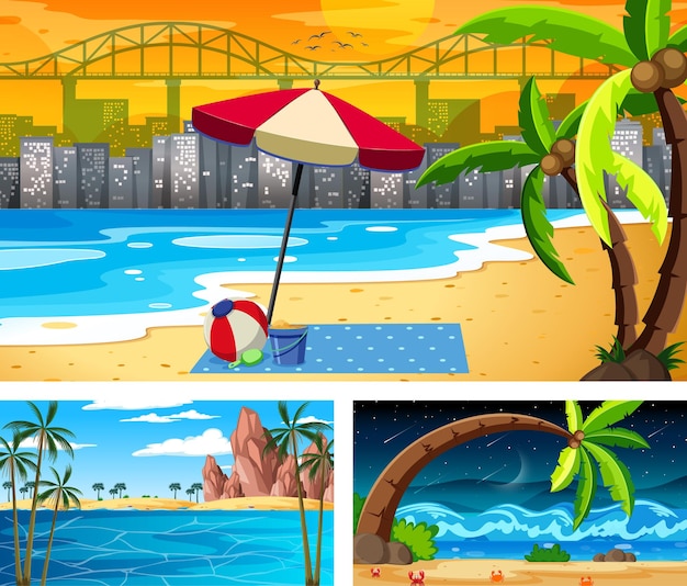 Three different beach landscape scenes