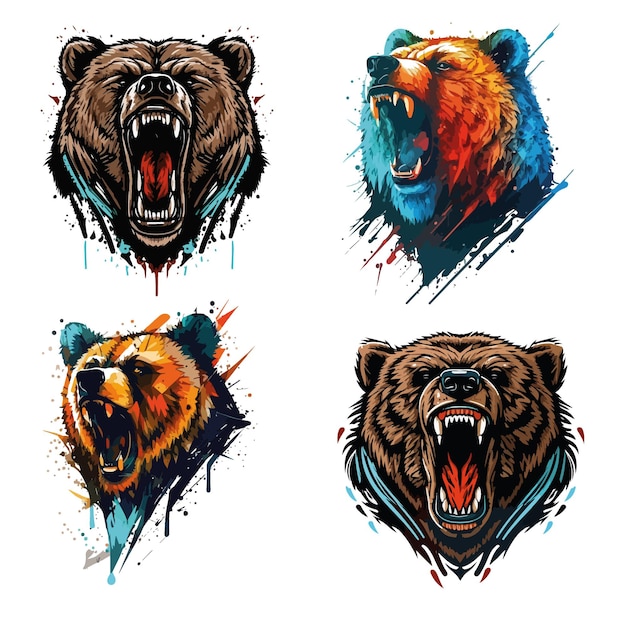 Three different bear heads on a white background