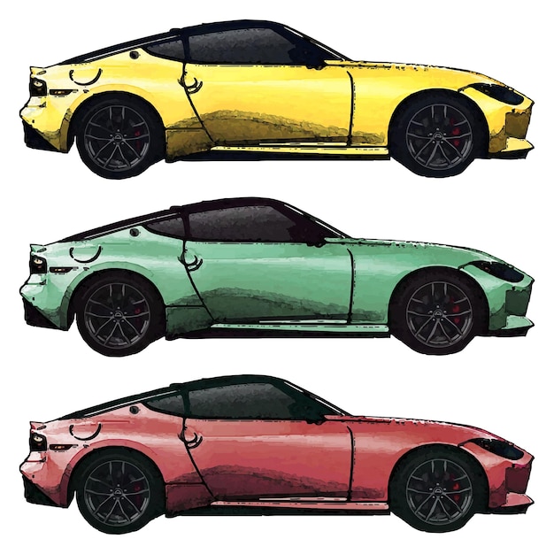 three different colored cars are shown with different colors