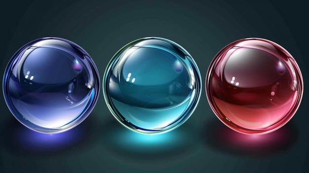 Vettore tre palle di vetro di diversi colori con una che ha il riflesso della blu