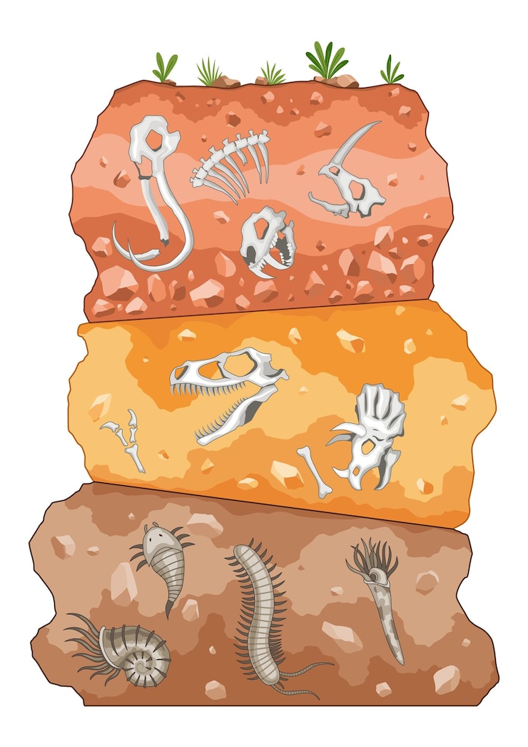 Vector three different eras of earth history fossil dinosaurs elements for paleontology and archeology works scene with various animals bones in soil layers old dino skeletons buried underground