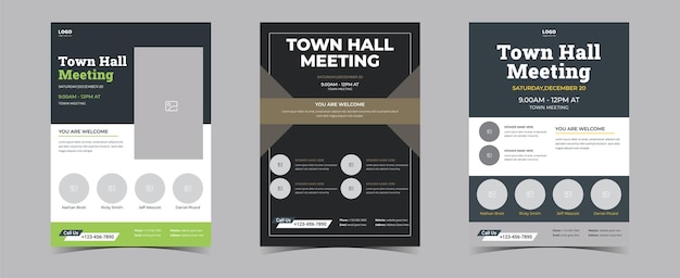 Vector three different flyers for a town hall meeting