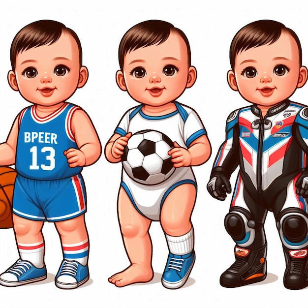 Vector three different images of two babies one of which has the number 14 on his jersey