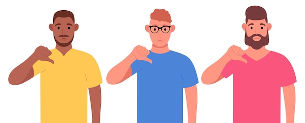 Vector three different men showing thumbs down sign gesture. dislike, disagree, disappointment, disapprove, no deal concept. character set. vector illustration.