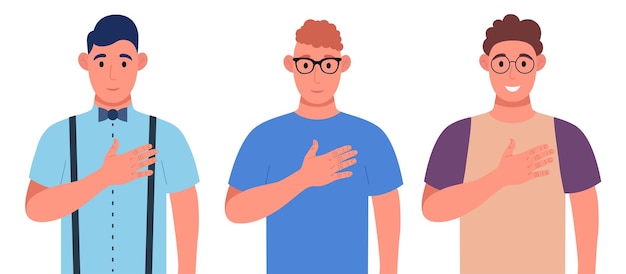 Вектор Трое разных молодых людей выражают людям свои положительные чувства, держат руки на груди или на сердце. набор символов. векторная иллюстрация.