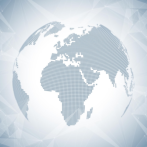three-dimensional abstract background planet. virtual background communication or particle compounds. global network connection and lines plexus. minimalistic chaotic design, vector illustration.