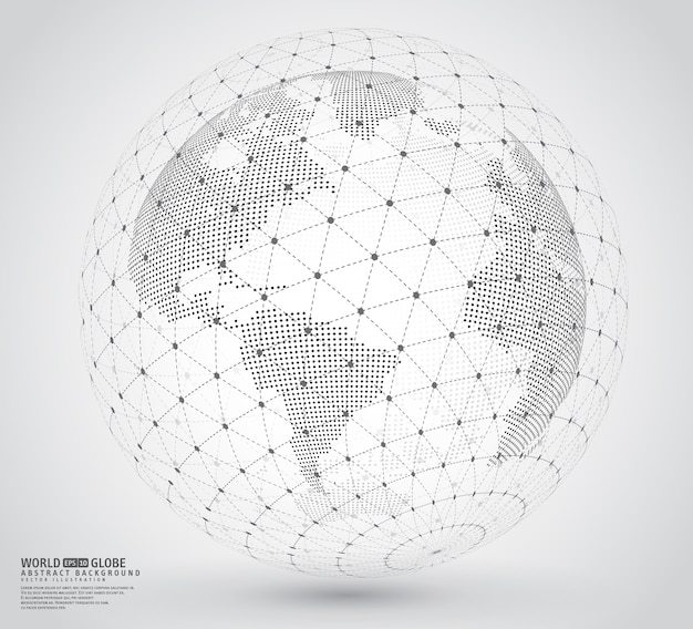 Vector three-dimensional dotted world map with wireframe sphare