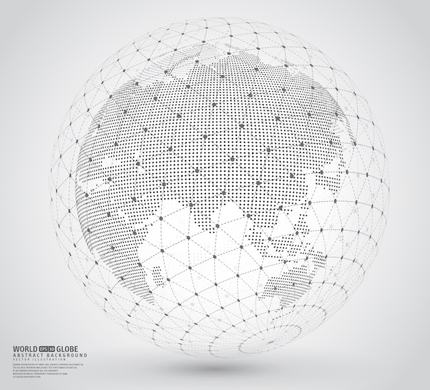 Three-dimensional dotted world map with wireframe sphare