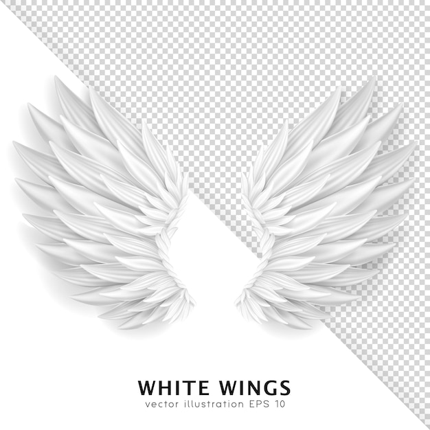 Three dimensional white angel wings. Masquerade, festival, carnival costume. Realistic bird wings