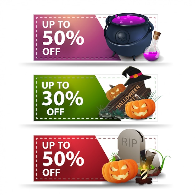 Tre banner di halloween scontati con sconti fino al 50% e 30%