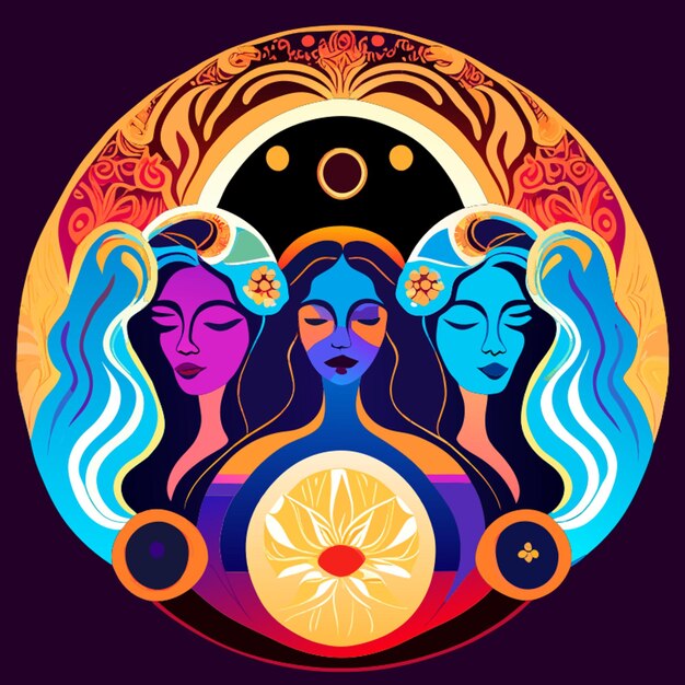 Vettore three diverse sisters moon portal cosmic glowing background vector illustration