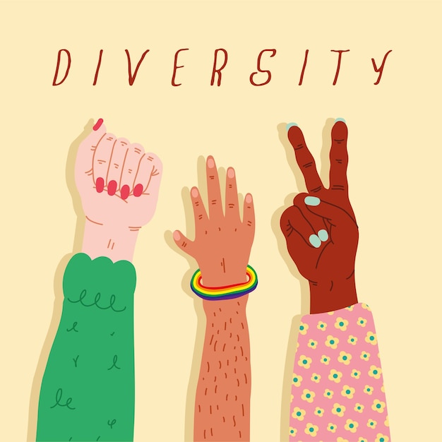 Three diversity hands humans up and lettering  illustration