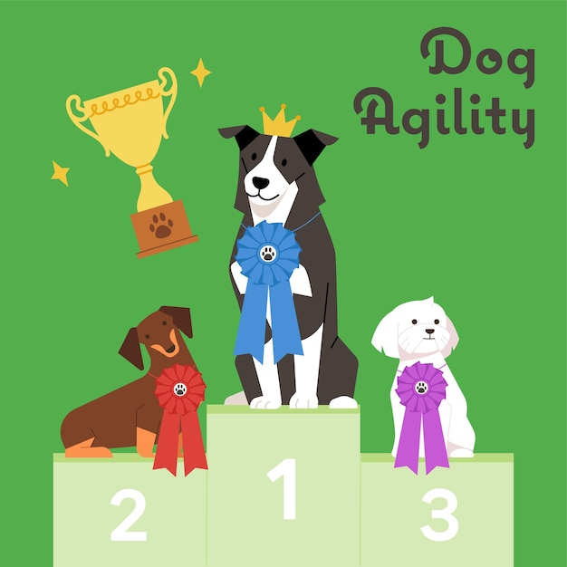 ドッグアジリティコンペティションで賞を勝ち取った3匹の犬がポティウムフラットデザインスタイルに座っています