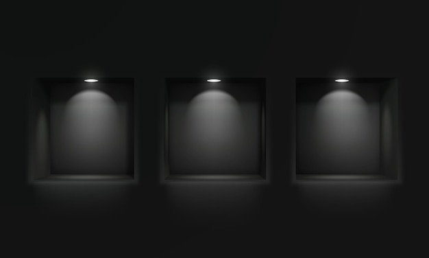 黒い壁に3つの空のニッチまたは棚で,アイスランプの照明で,あなたの製品の空の棚を展示します