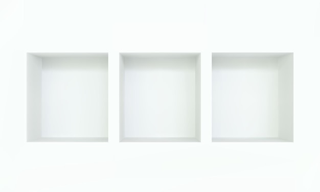 Three empty niches or shelf on white wall 3d mockup