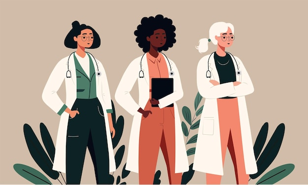 Три женщины-врача или медсестры на фоне листьев на бежевом фоне