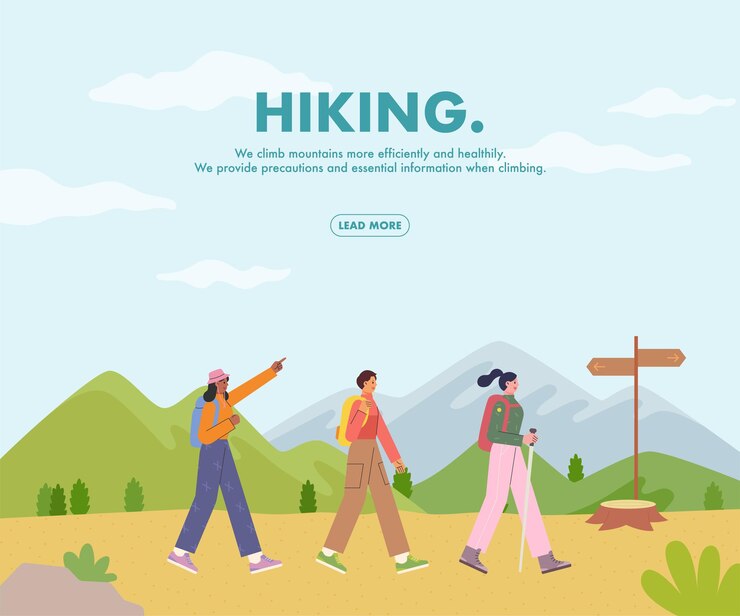 Vector 3 人の友人がハイキングをしています。遠くに山がある自然の背景。