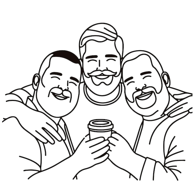 Three friends man with coffee line illustration