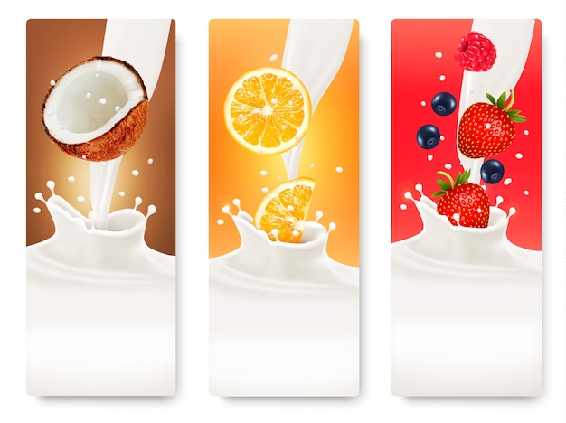 Vector three fruit and milk banners.