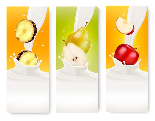 Vector three fruit and milk banners.