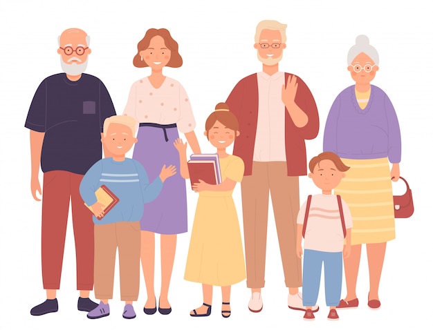 Three generation happy full family flat character illustration concept