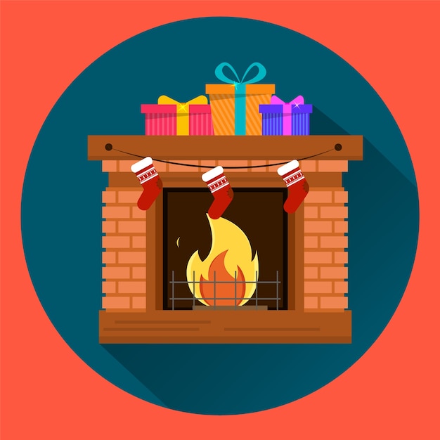 Vector three gift-boxes with presents on fireplace