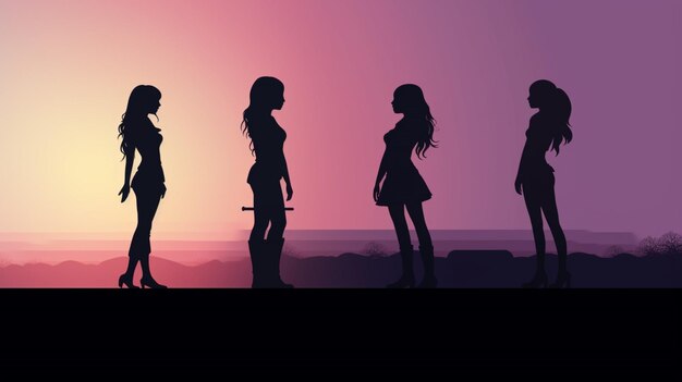 Vector three girls are standing in front of a sunset