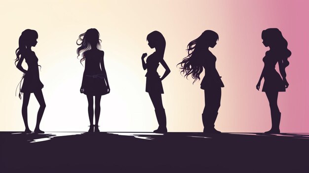 Vector three girls are standing in a row one is wearing a dress