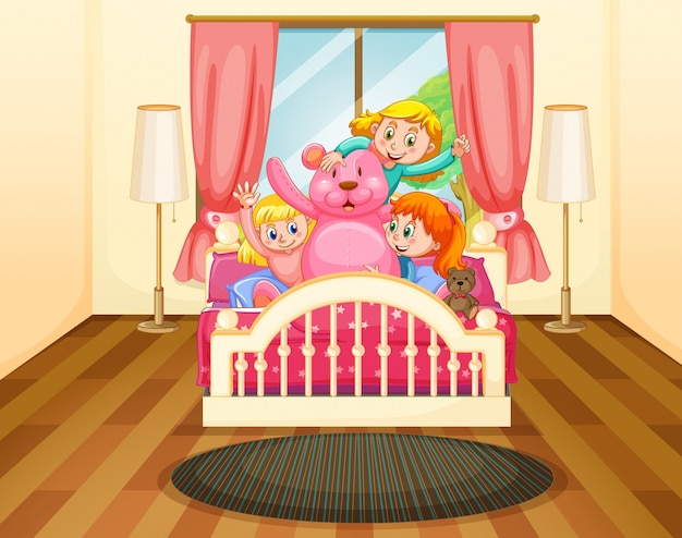 Vector three girls in bedroom with pink teddybear