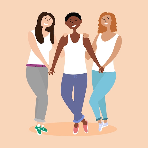 Vector three girls different nationalities holding hands