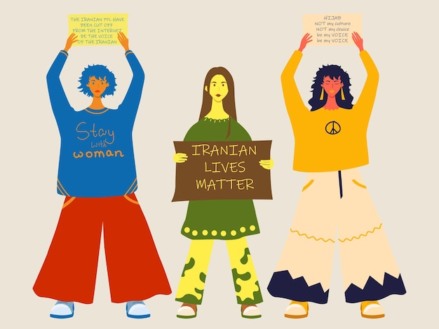 Three girls in full growth. poster with rally slogan in iran, women's freedom. vector isolated