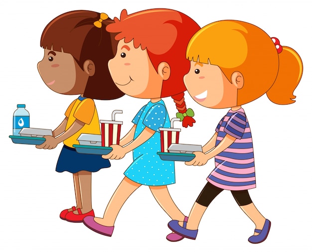 Vector three girls holding tray of food