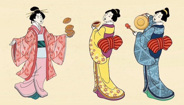 Vettore tre ragazze in kimono che tengono torte di fagioli rossi e illustrazione in stile gong ukiyoe