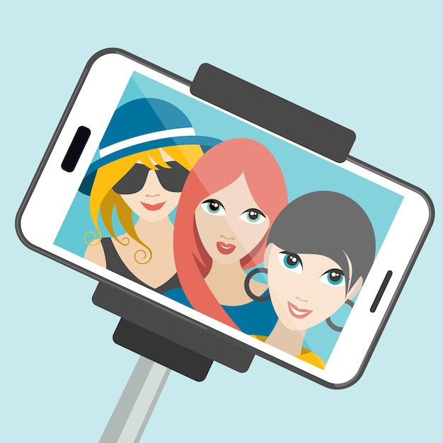 Vector three girls making summer selfie photo vector cartoon illustration