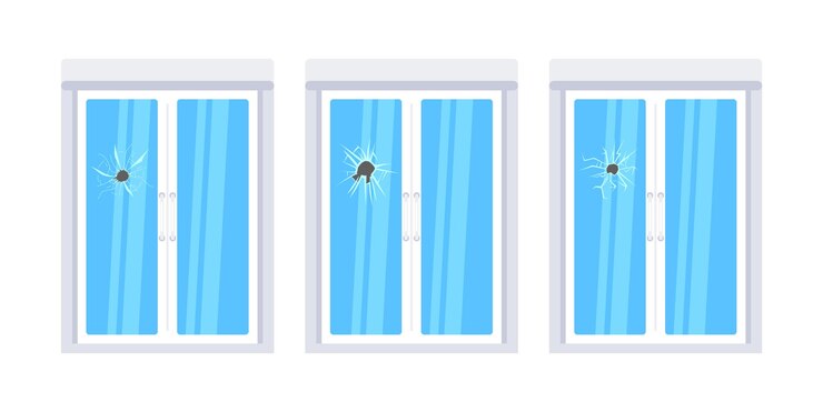 Vector three glass doors showing different stages of a spreading crack