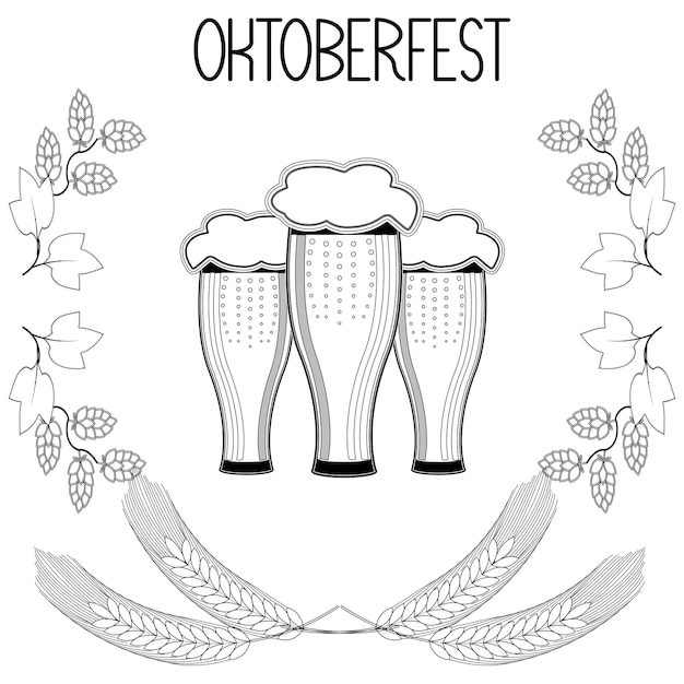 Vector three glasses of beer barley hops oktoberfest