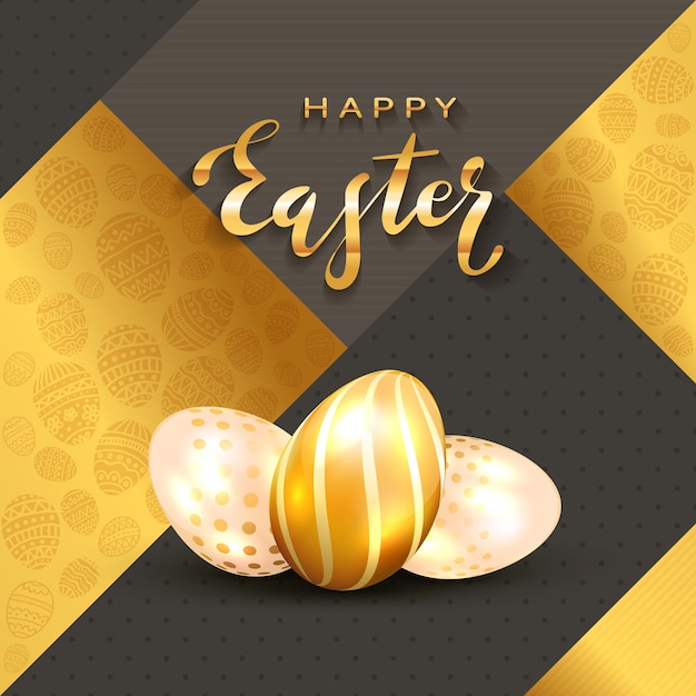 Три золотых пасхальных яйца и надписи Happy Easter на роскошном золотом и черном фоне, иллюстрации.