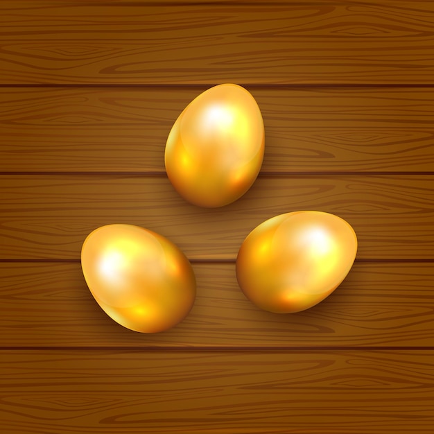 Three golden Easter eggs on wooden background, illustration.