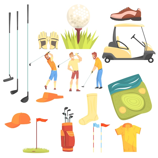 Vettore tre giocatori di golf che giocano a golf circondato dall'illustrazione del fumetto delle attrezzature sportive e del gioco.