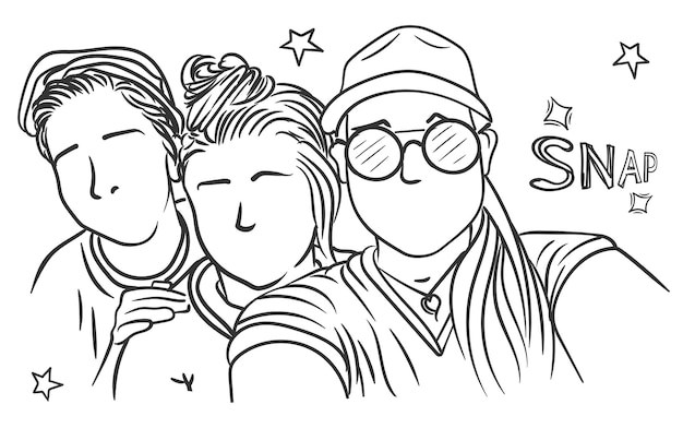 Three gorgeous women are taking selfies wearing glass and cap with messy hair bun vector drawing