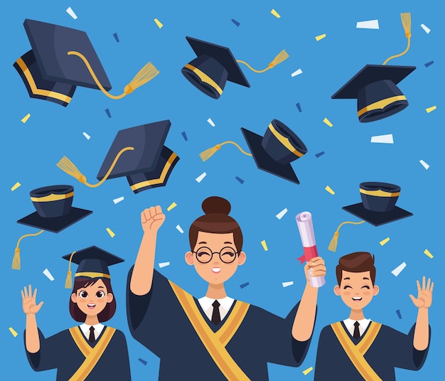 three graduates celebrating characters