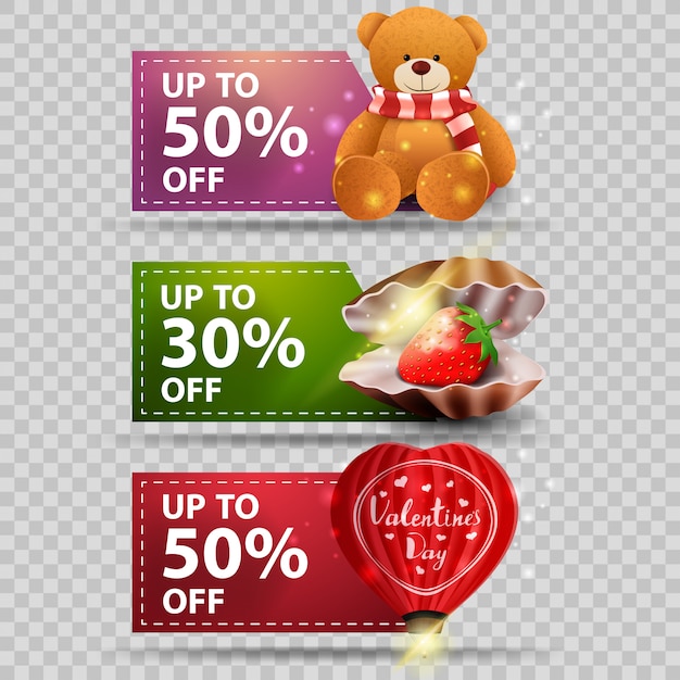 Three greeting banners for valentine's day with pearl shell, heart-shaped balloon and teddy bear