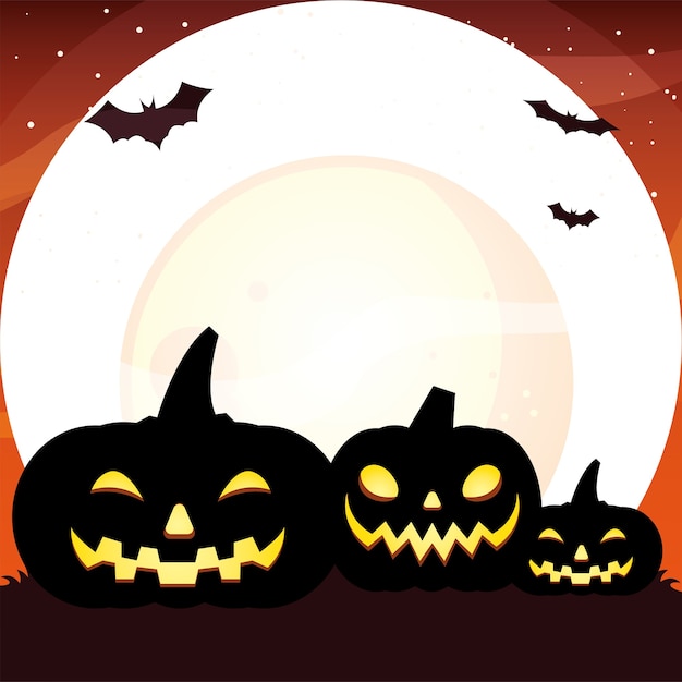three halloween pumpkins cartoons silhouettes design, holiday and scary theme illustration