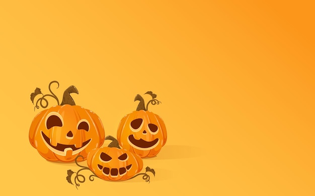 Three halloween pumpkins on orange background