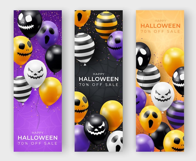 Three halloween vector vertical banners with ghost balloons. creepy scary faces on balloons. decoration element for halloween celebration