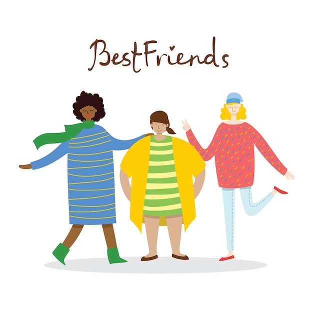 Vector three hand drawn beautiful cute girls on the background with the inscription i love my best friends vector illustration