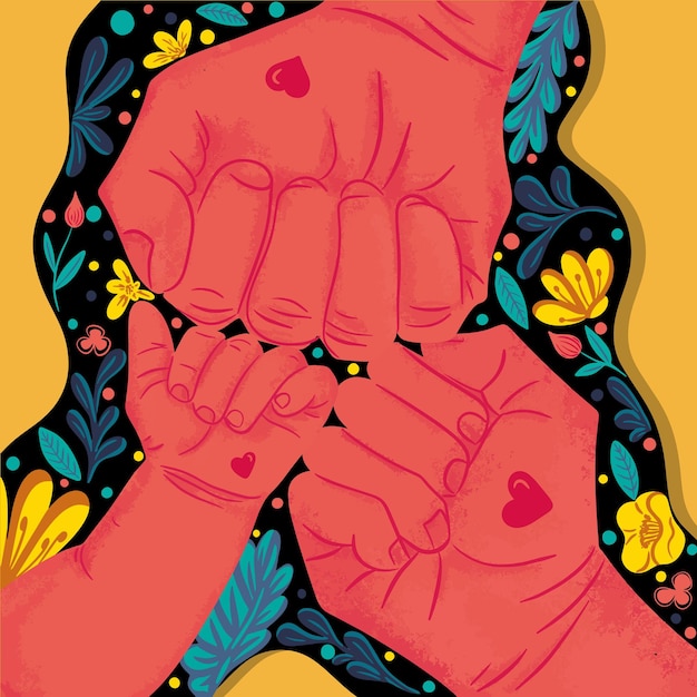 Вектор Три руки сжаты в кулаки концепция поддержки семьи поколений людей любовь к пониманию и доверию разнообразные человеческие руки объединились для социальной свободы и мира