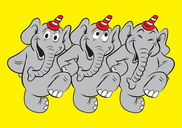 three happy elephants dancing