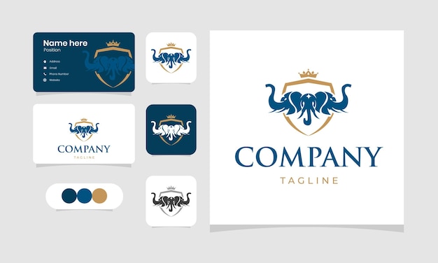 three head elephants logo and business card design template